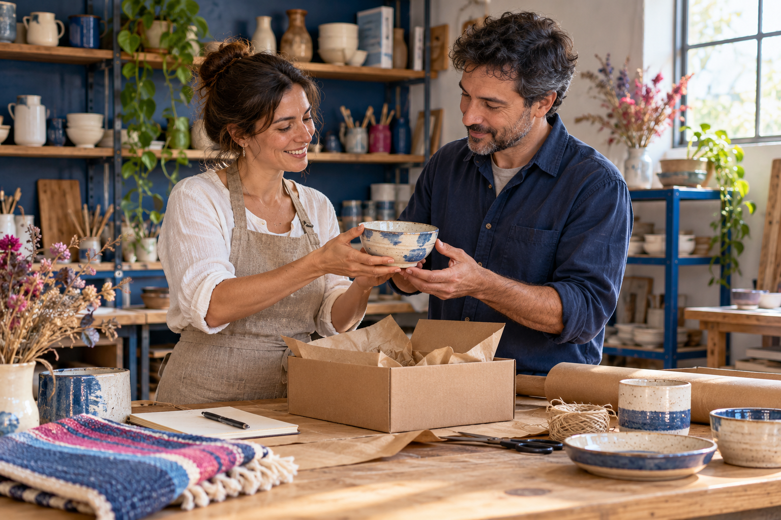 Imagen ilustrativa generada con IA: dos personas emprendedoras preparando cerámica y pedidos en un taller